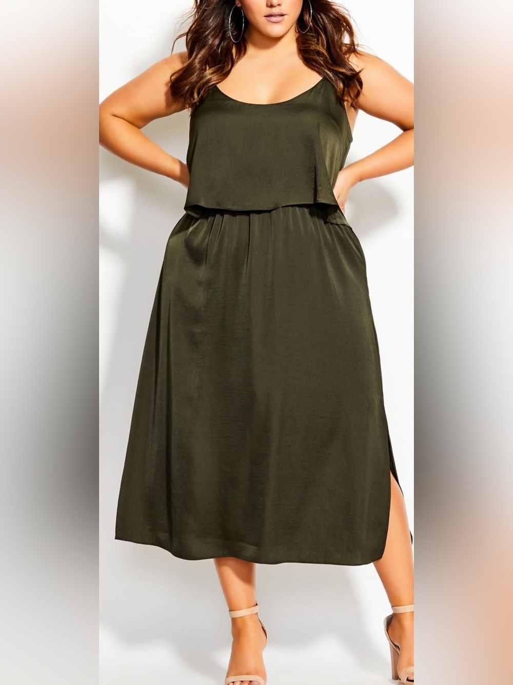 City Chic Dark Olive Midi Dress with Side Slit hunter Green